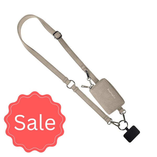 Beige crossbody strap with a small pouch and sale badge
