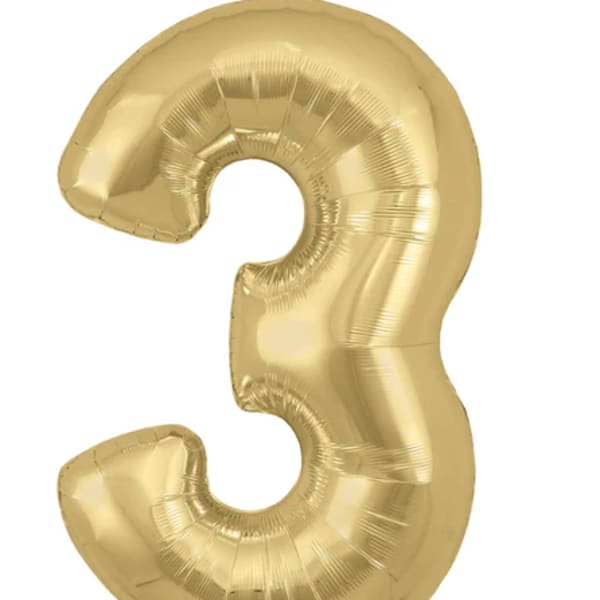 Gold number 3 foil balloon on a white background