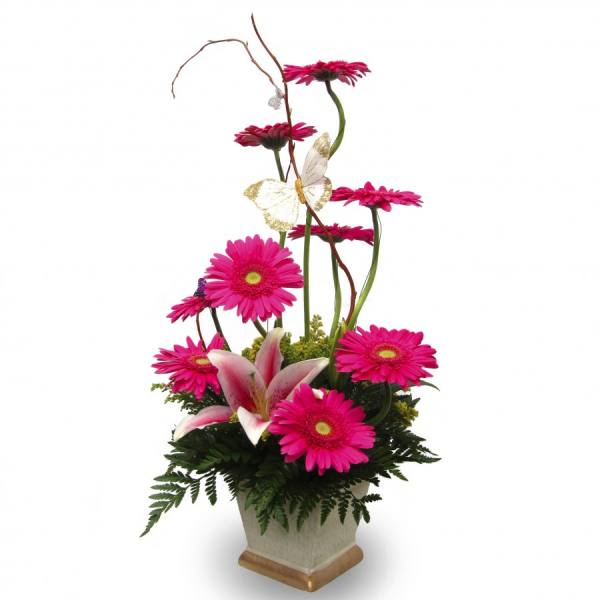 Pink gerbera daisies and a lily in a square vase with a butterfly accent