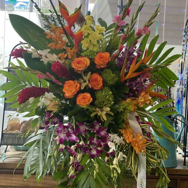Large tropical bouquet with orange roses and purple orchids