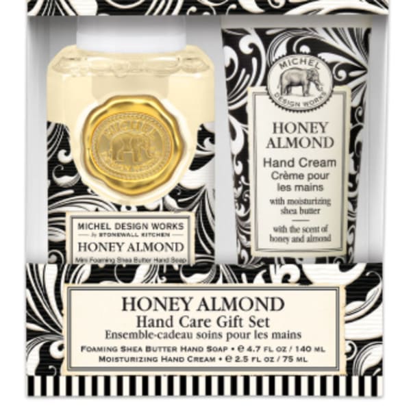 Honey almond hand care gift set in black-and-white patterned packaging