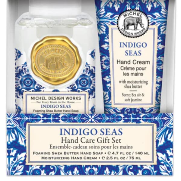 Hand care gift set with soap and cream in blue patterned packaging