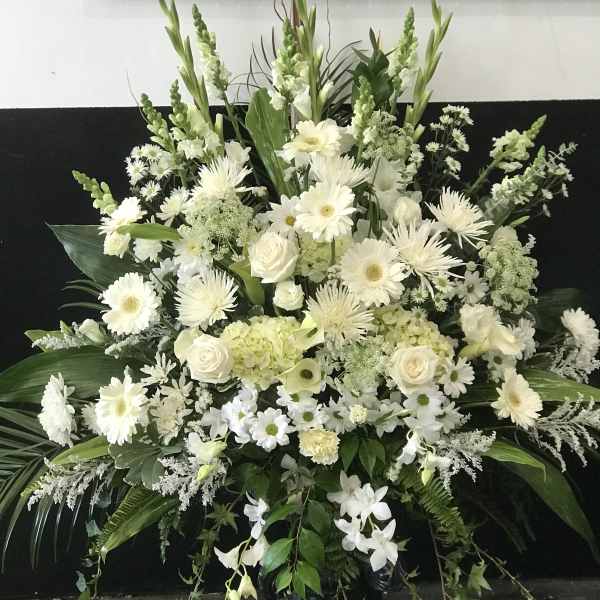 Large white floral arrangement in a black pedestal vase