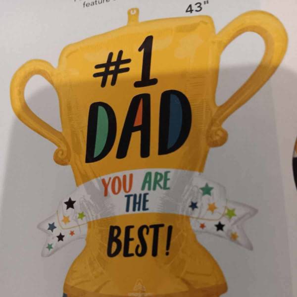 Yellow trophy-shaped balloon with "#1 DAD" and star-patterned base