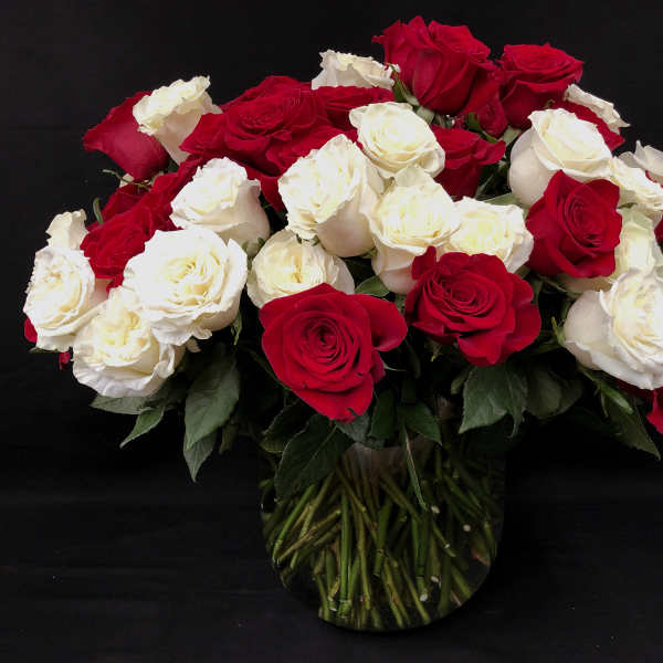 Red and white roses arranged in a clear glass vase