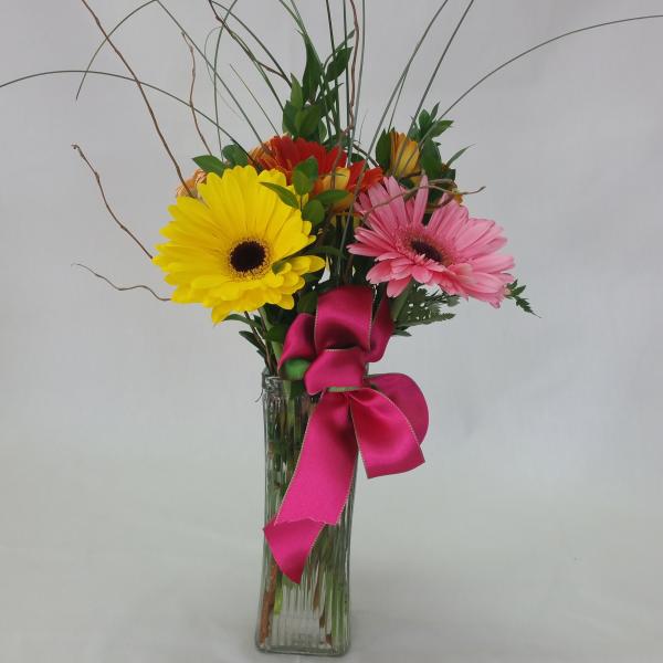 Gerbera daisies in a clear glass vase with a pink ribbon
