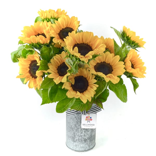 Bouquet of yellow sunflowers in a metal vase
