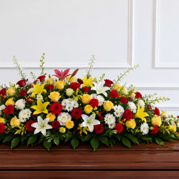 Large casket spray with red, yellow, and white flowers