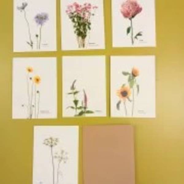 Set of floral art note cards and a brown envelope on a yellow background