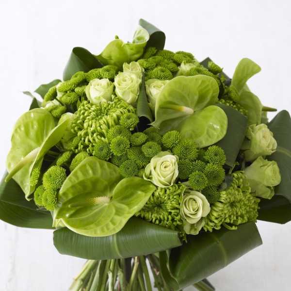 Green bouquet with roses, chrysanthemums, and anthuriums