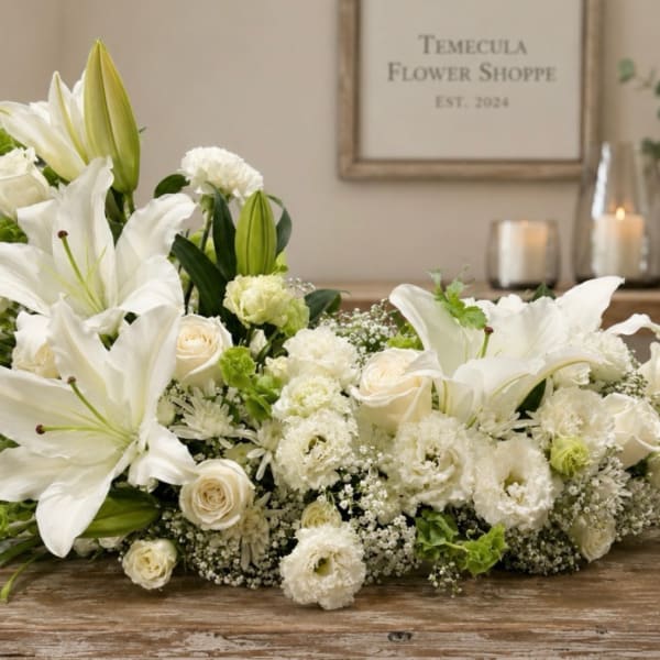 White lilies and roses arranged low on a table