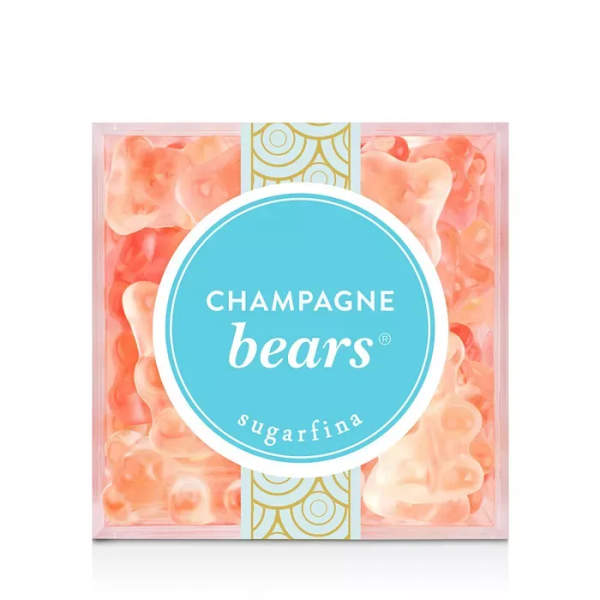Box of peach gummy bears with a blue label