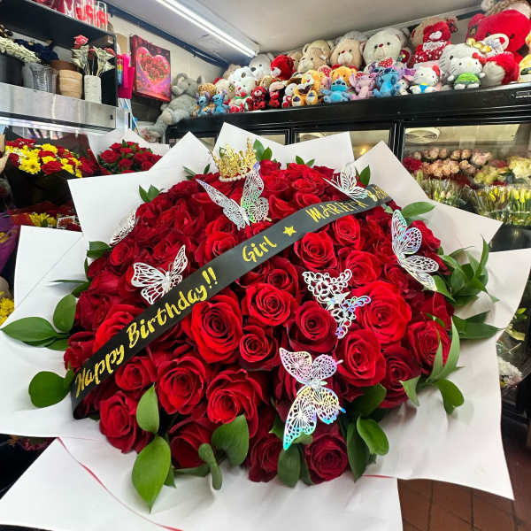 Special Grand 50+ Roses Congrats/Birthday Bouquet w/Crown & Butterflies(Write phrase or message in description)