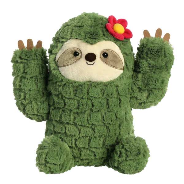 Green plush sloth with raised arms and a red flower on its head