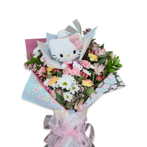 Bouquet with a Hello Kitty plush and pink-and-white flowers
