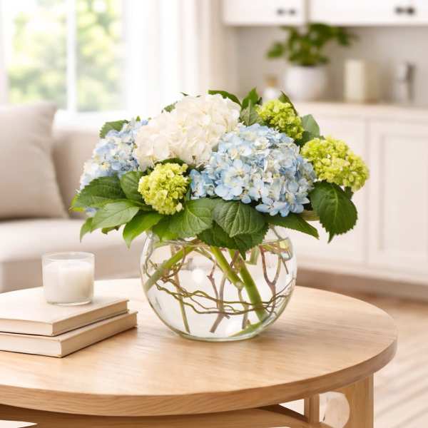 Hydrangea arrangement in a round glass vase on a table
