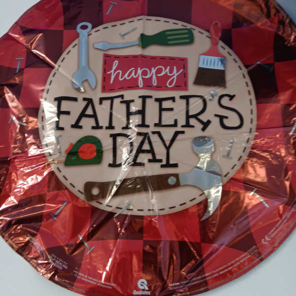 Red Father's Day foil balloon with tool graphics