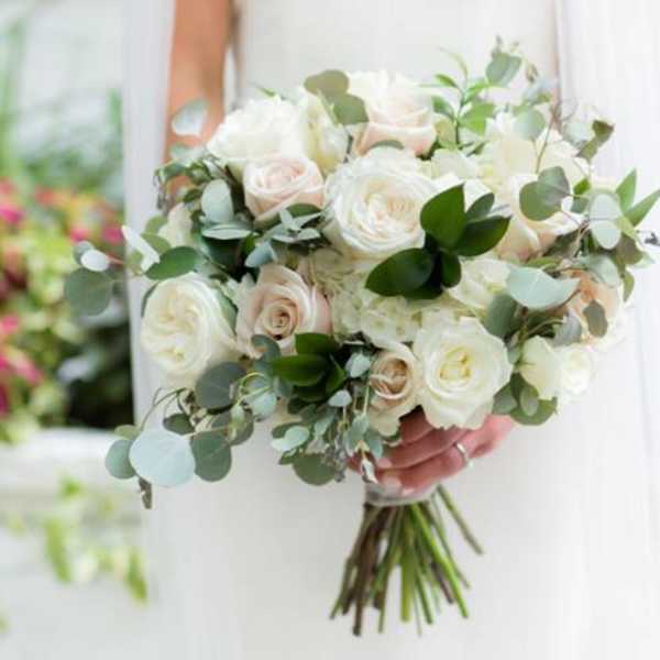 White rose bouquet with eucalyptus greenery