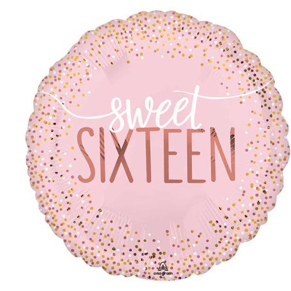 Pink foil balloon with "sweet sixteen" text and confetti dots