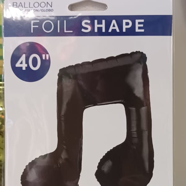 Package of a black musical note foil balloon, 40 inches.