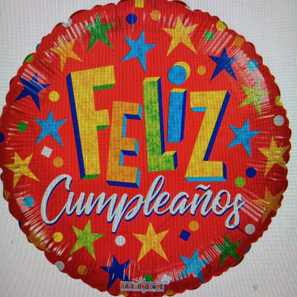 Round red birthday balloon with stars and the words Feliz Cumpleaños