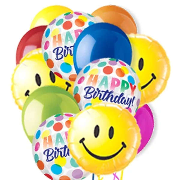 Cluster of colorful birthday balloons with smiley faces and "Happy Birthday" text
