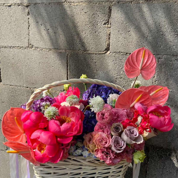 Basket arrangement with pink anthuriums, peonies, and roses