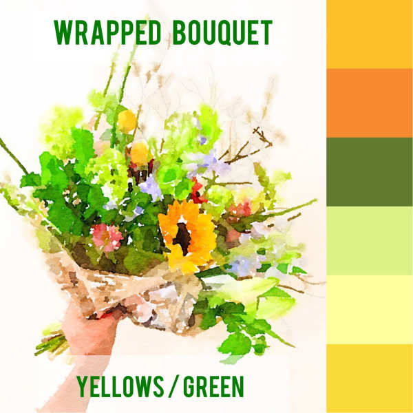 Wrapped bouquet of yellow and green flowers held in hand