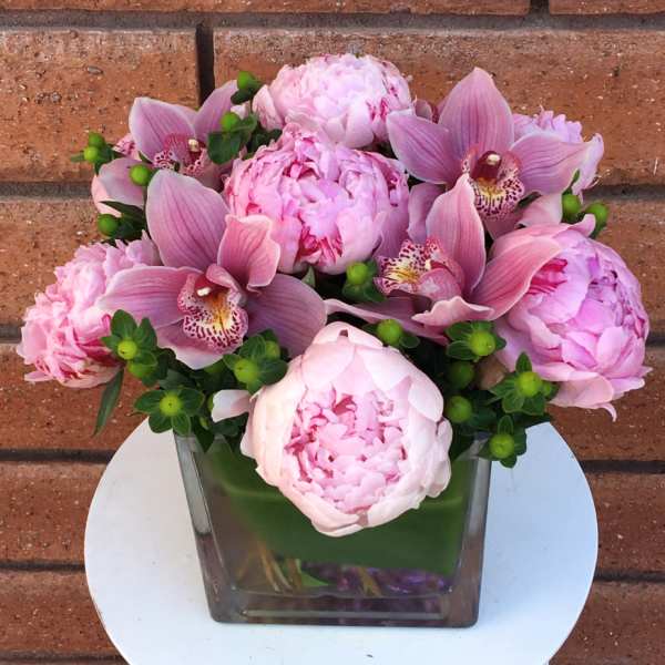 Pink peonies and orchids arranged in a square glass vase