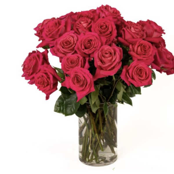 Bouquet of bright pink roses in a clear glass vase