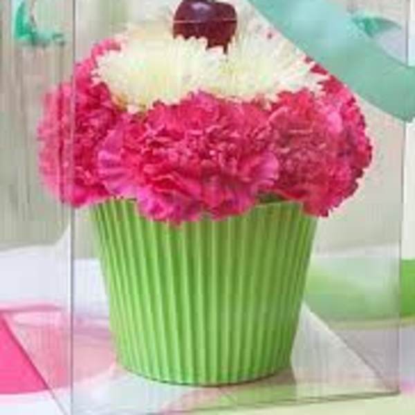 Pink and white carnations in a green striped container