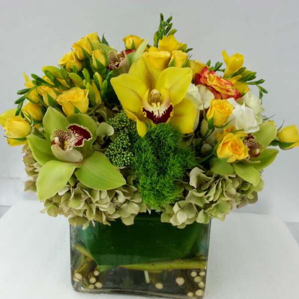 Yellow orchids and roses arranged in a square glass vase