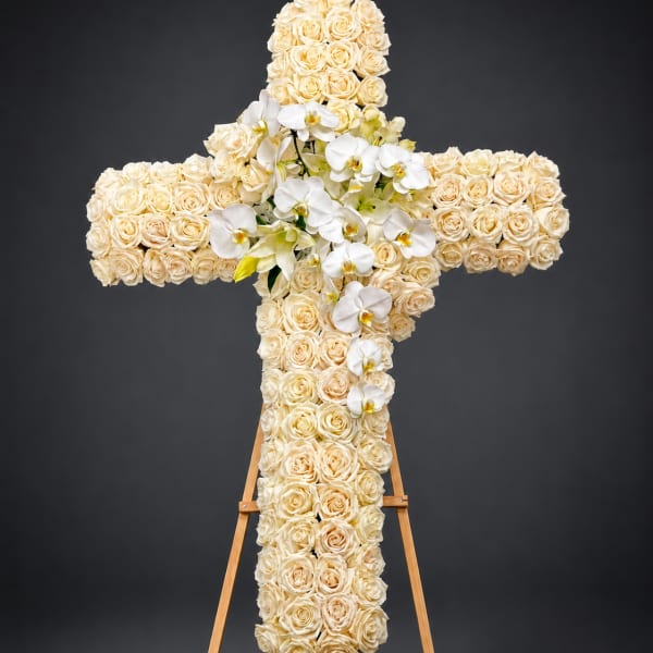 White Rose Cross with Orchids