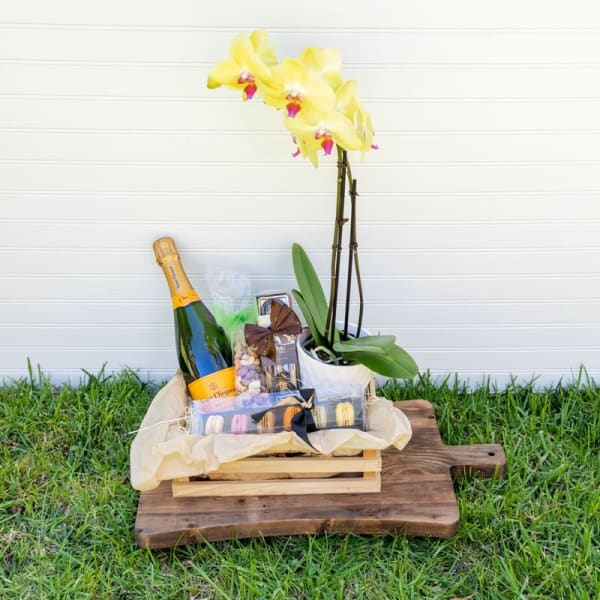 Yellow orchid in a pot with champagne and chocolates on a wooden tray