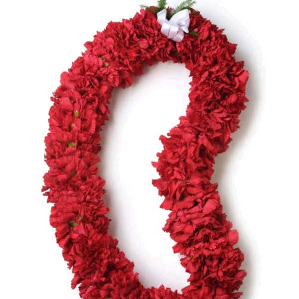 Red floral lei with a white ribbon bow
