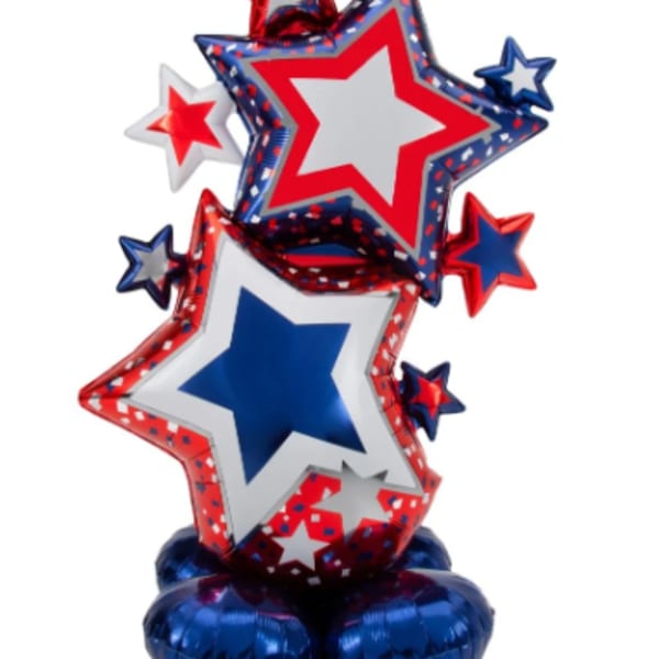 Red, white, and blue star-shaped balloons arranged in a festive cluster