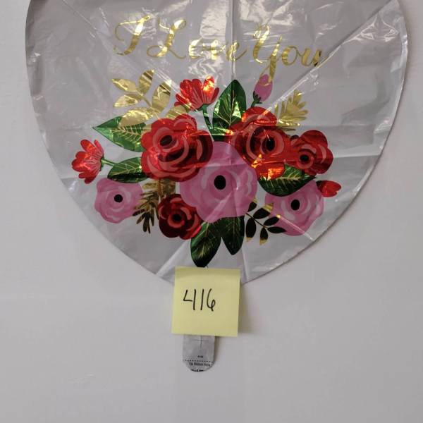 Heart-shaped silver balloon with "I Love You" text and floral print