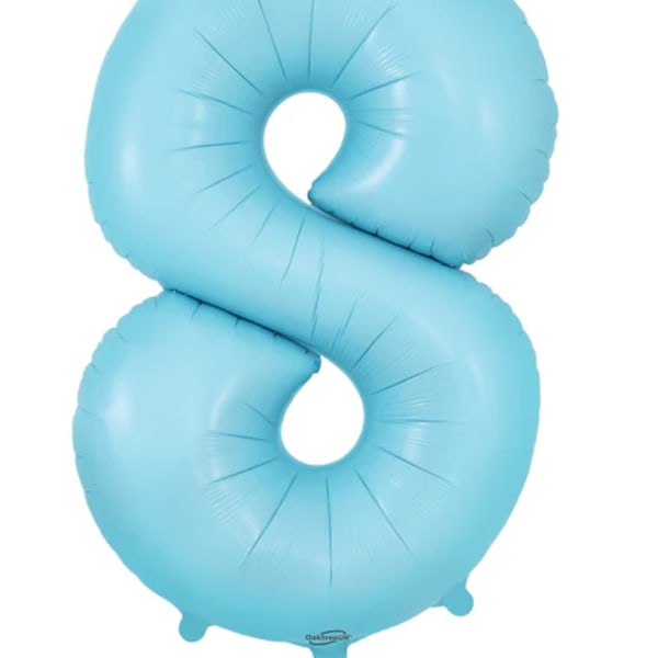 Light blue number 8 foil balloon on a white background