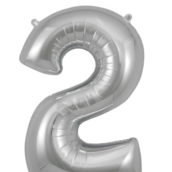 Silver foil balloon shaped like the number 2