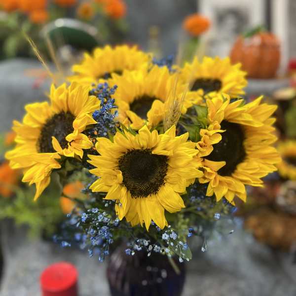 Bouquet of yellow sunflowers in a dark vase