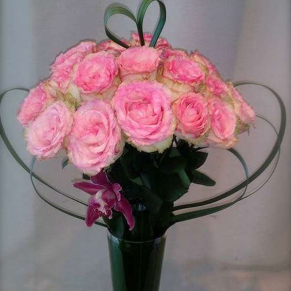Pink roses arranged in a tall glass vase with decorative loops