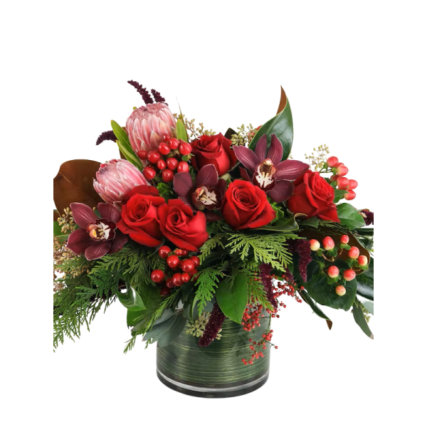 Red roses and burgundy orchids in a glass vase