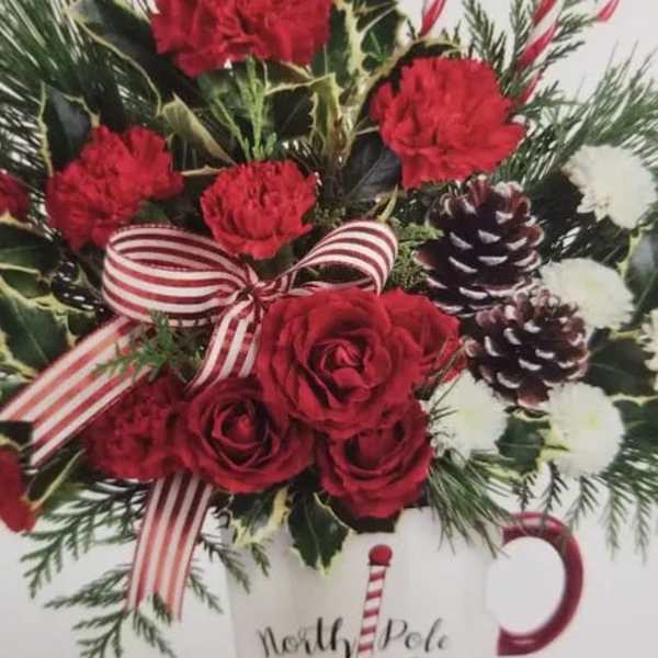 Red roses and carnations in a white mug with candy cane accents