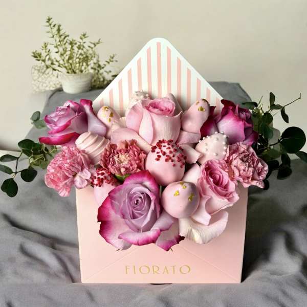Pink roses and carnations arranged in a striped gift box with decorative eggs