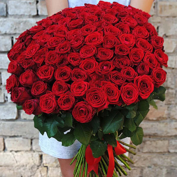 Large hand-tied bouquet of long-stem red roses held in front of a brick wall