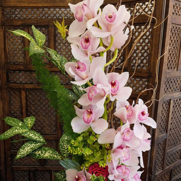 Tall arrangement of pink orchids in a dark vase