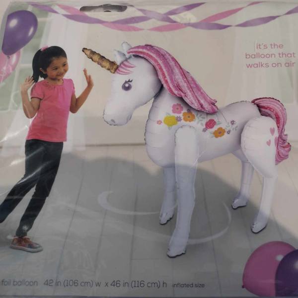 Unicorn-shaped foil balloon package with pink accents