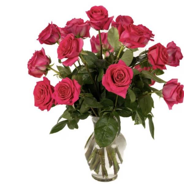 Bouquet of hot pink roses in a clear glass vase