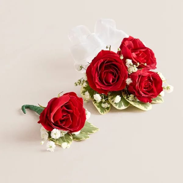 Red Spray Rose Corsage & Boutonniere