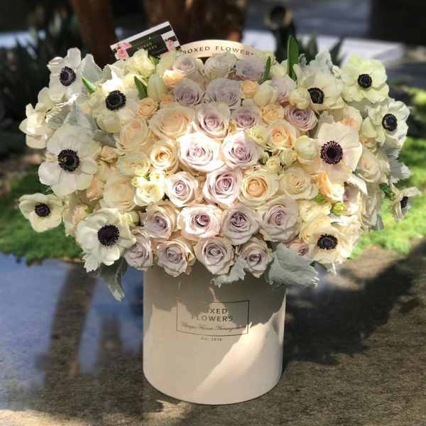 Large bouquet of pale roses and white anemones in a round box